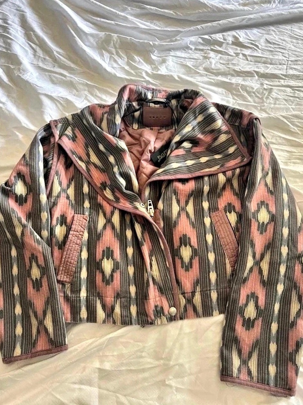BLANKNYC Open Sky Tribal Print Cropped Moto Jacket Pink & Black
